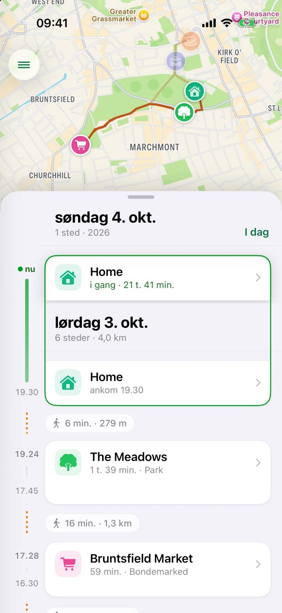 Byways tidslinje på iPhone: et kort over dagen over en liste over de besøgte steder og gåturene imellem dem.
