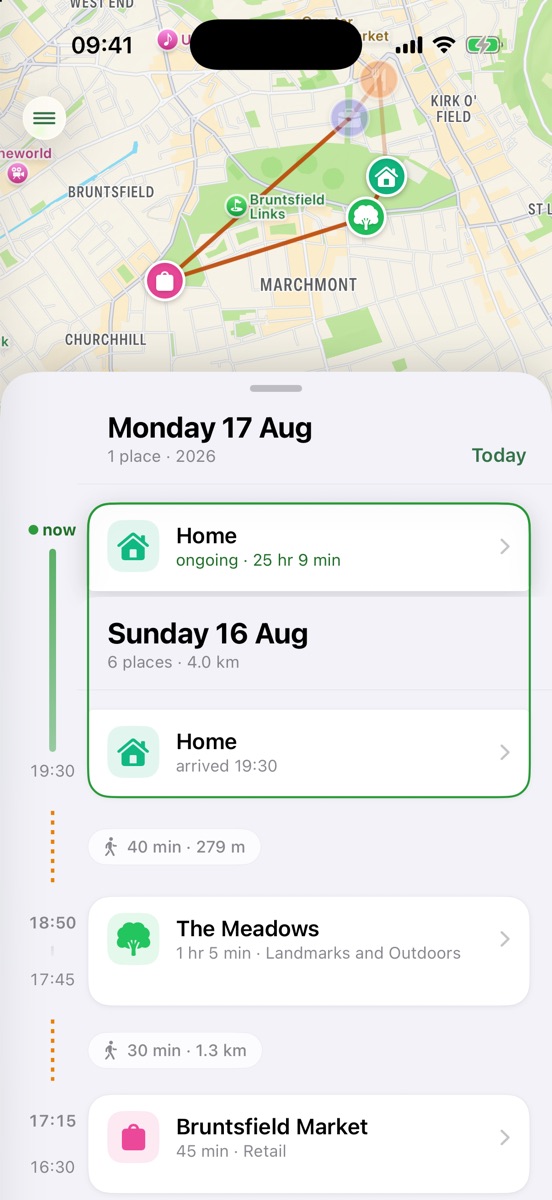 The Byway timeline on iPhone: a map of the day above a list of the places visited and the walks between them.