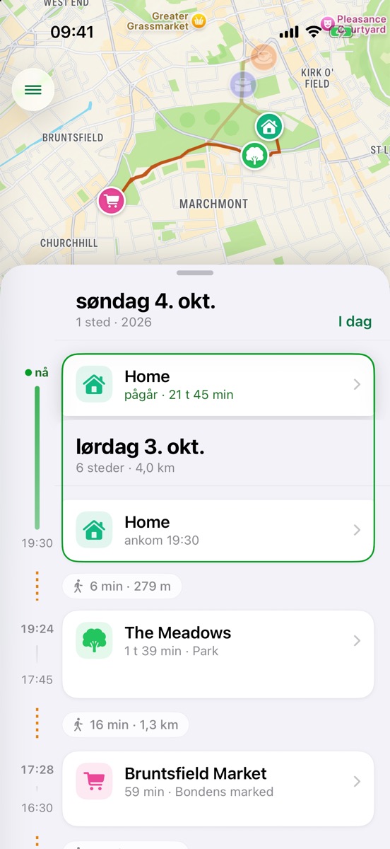 Tidslinjen i Byway på iPhone: et kart over dagen over en liste med stedene du har vært og gåturene mellom dem.