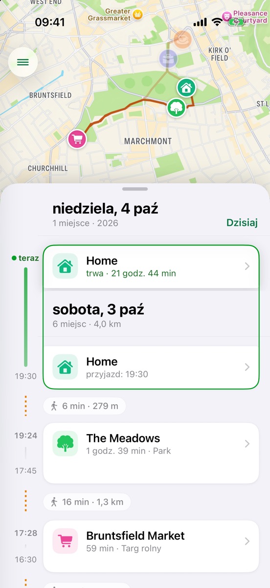 Oś czasu Byway na iPhonie: mapa dnia nad listą odwiedzonych miejsc i spacerów między nimi.