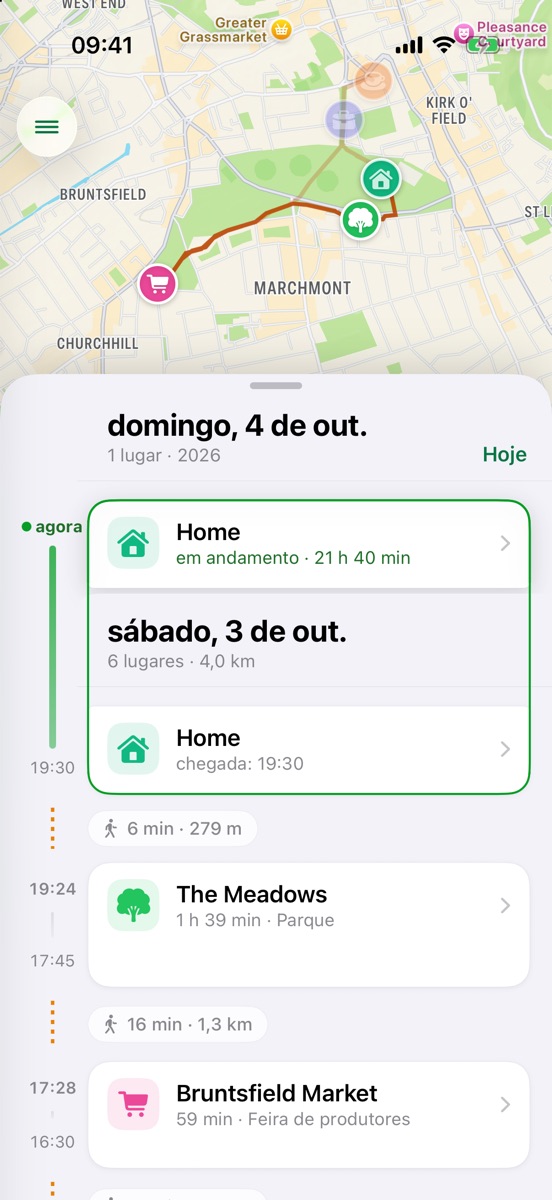 A linha do tempo do Byway no iPhone: um mapa do dia acima de uma lista dos lugares visitados e das caminhadas entre eles.