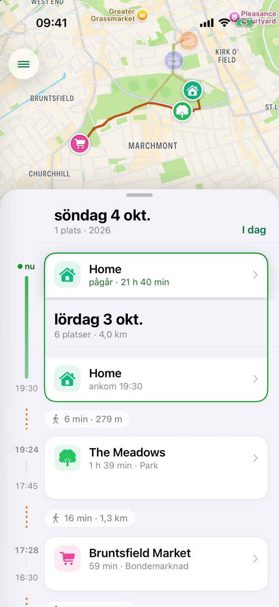 Tidslinjen i Byway på iPhone: en karta över dagen ovanför en lista med platserna du besökt och promenaderna mellan dem.